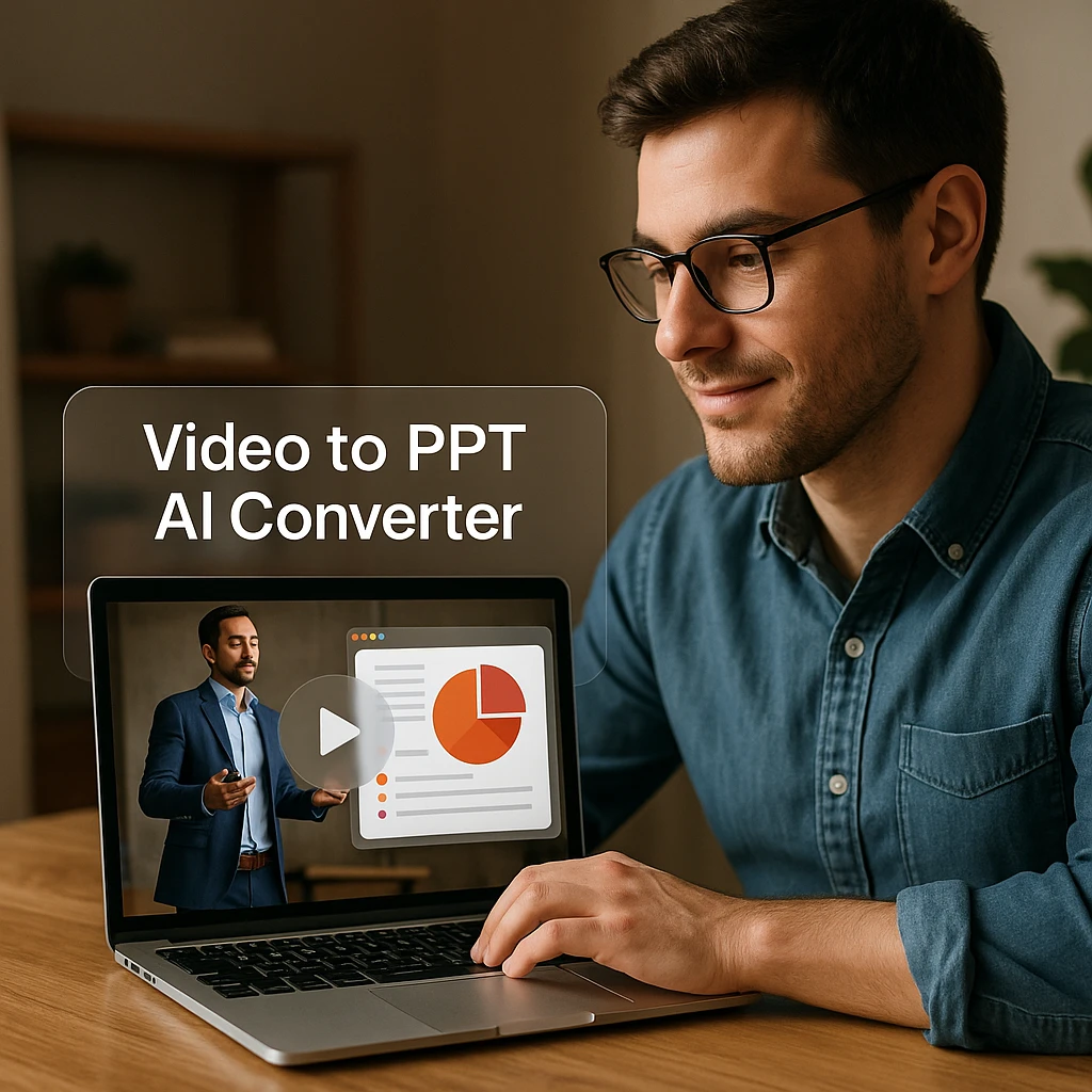 Video to PowerPoint AI conversion process showing interface with upload, OCR options, and generated presentation slides